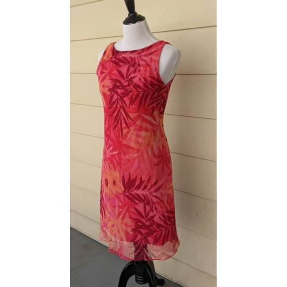 Flirty Orange Red Floral Sleeveless Summer Dress Low Back Stretch Sheer Tropical - Picture 4 of 8